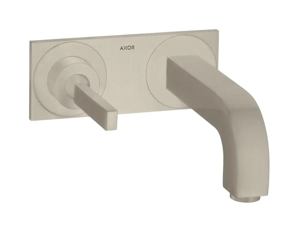Wandmontierter Axor-Waschtischmischer aus brushed Nickel mit einem einhebeligen Bediengriff und einem geraden Auslauf.